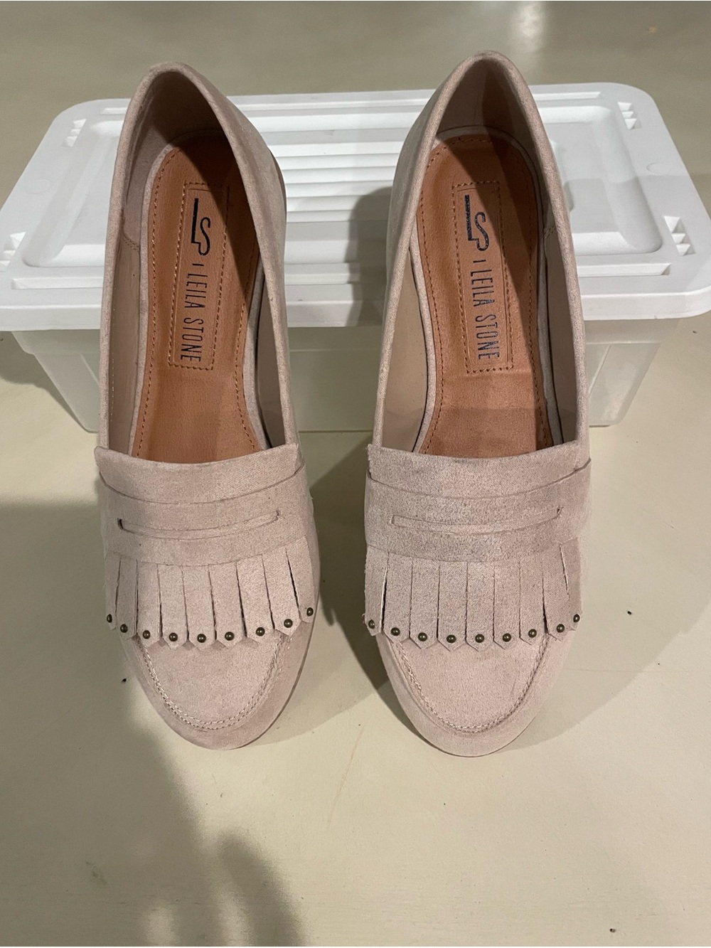Leila Stone Suede Fringe Loafers — Blush